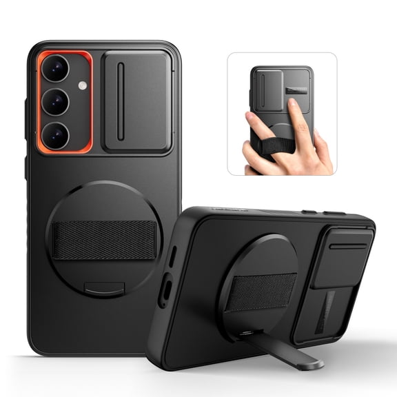 Suritch Phone Case for Samsung Galaxy S24 with 360° Rotatable Hand Strap Grip, Kickstand and Slide Camera Cover, Rugged Shockproof Protective Cover, Black