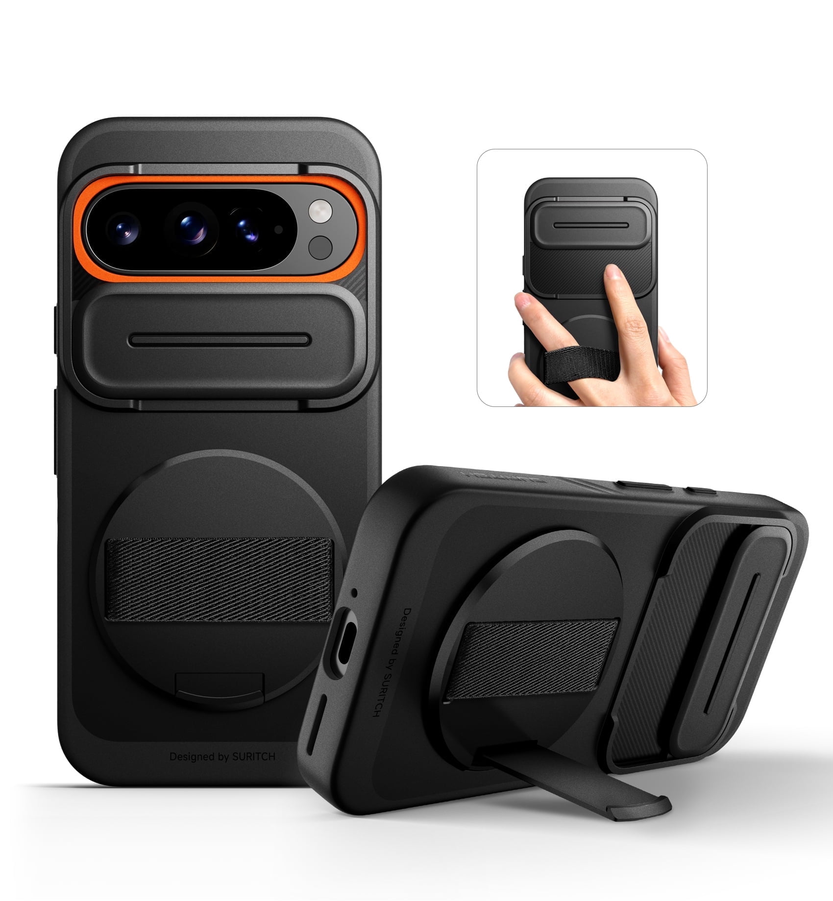 Suritch for Google Pixel 9 / 9 Pro Phone Case with 360° Rotatable Hand Strap Grip Holder, Invisible Kickstand and Slide Camera Cover, Rugged Shockproof Protective Cover, Black