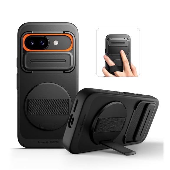 Suritch for Google Pixel 9a Phone Case with 360° Rotatable Hand Strap Grip Holder, Invisible Kickstand and Slide Camera Cover, Rugged Shockproof Protective Cover, Black