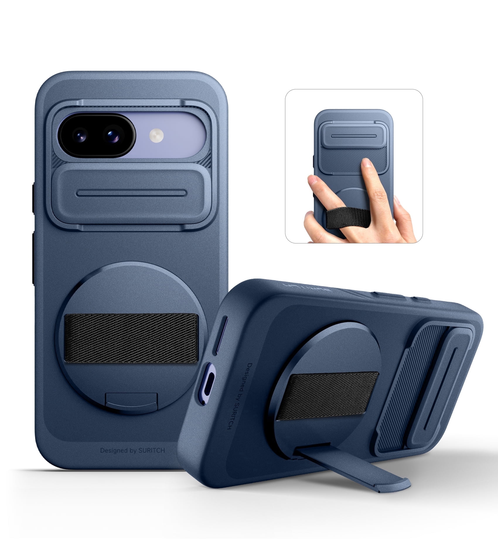 Suritch for Google Pixel 9a Phone Case with 360° Rotatable Hand Strap Grip Holder, Invisible Kickstand and Slide Camera Cover, Rugged Shockproof Protective Cover, Blue