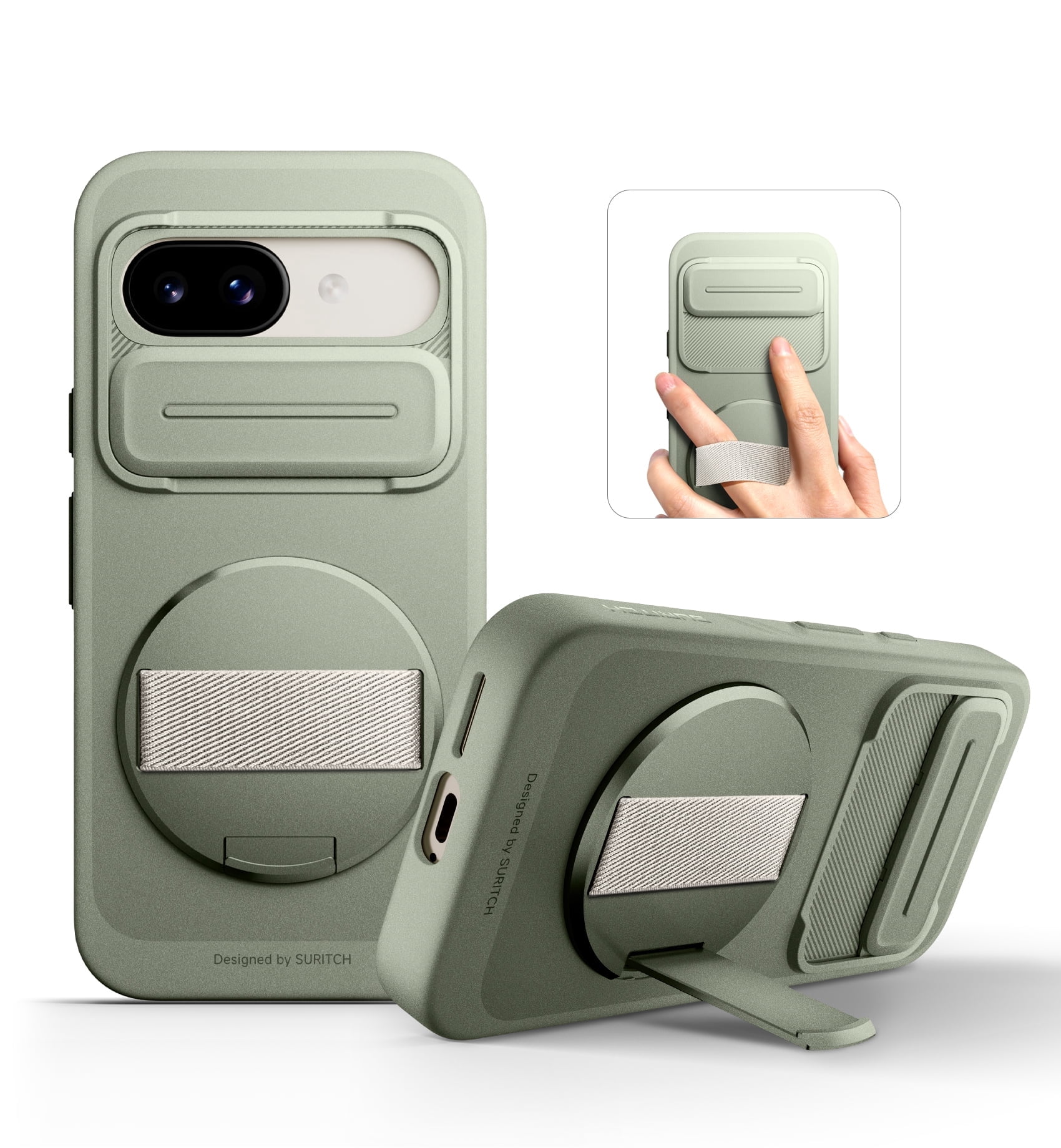 Suritch for Google Pixel 9a Phone Case with 360° Rotatable Hand Strap Grip Holder, Invisible Kickstand and Slide Camera Cover, Rugged Shockproof Protective Cover, Green