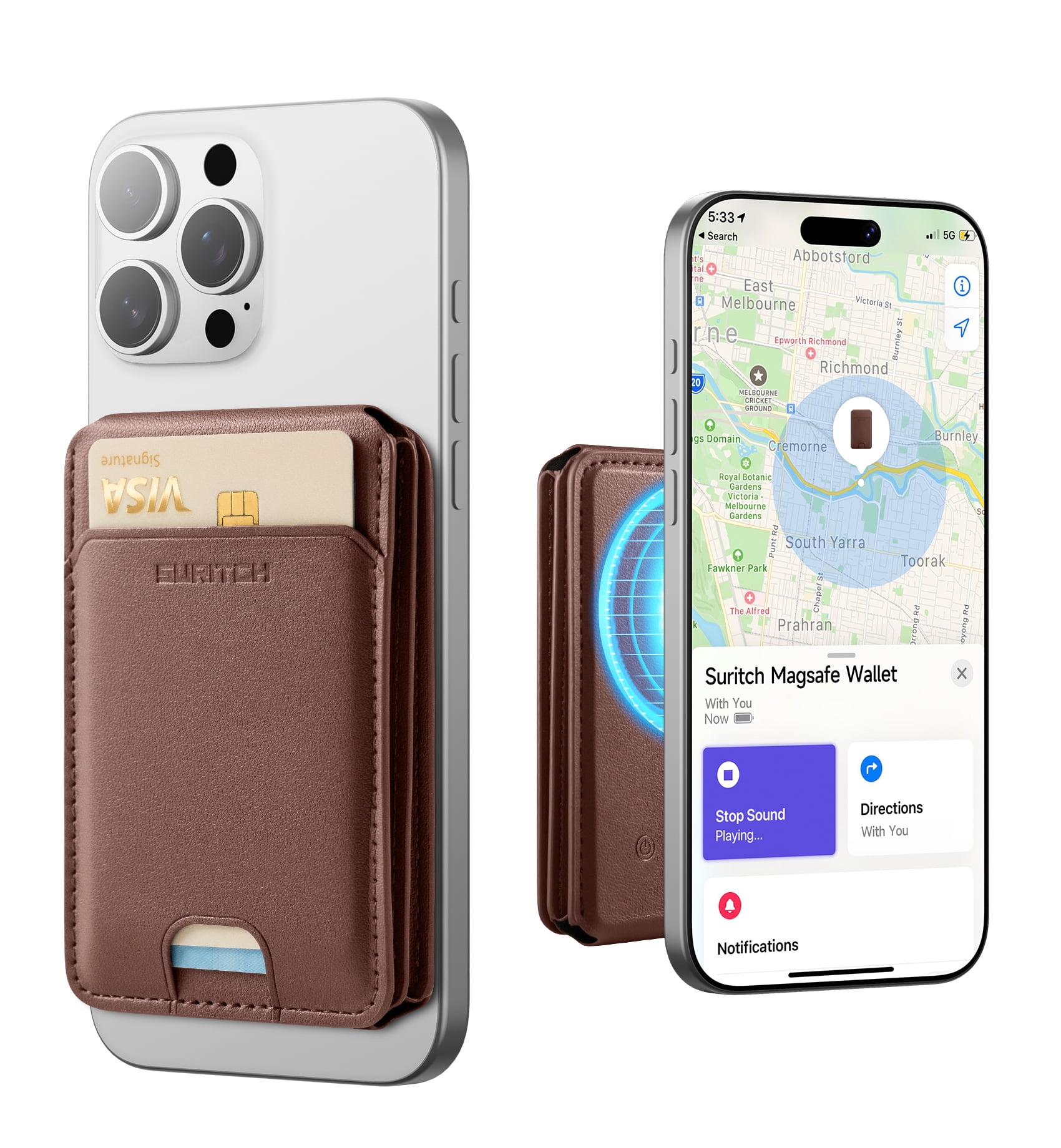 SURITCH for MagSafe Wallet with Find My, Magnetic Wallet with Adjustable Phone Stand for iPhone 16/15/14/13/12 Series, Leather, Brown