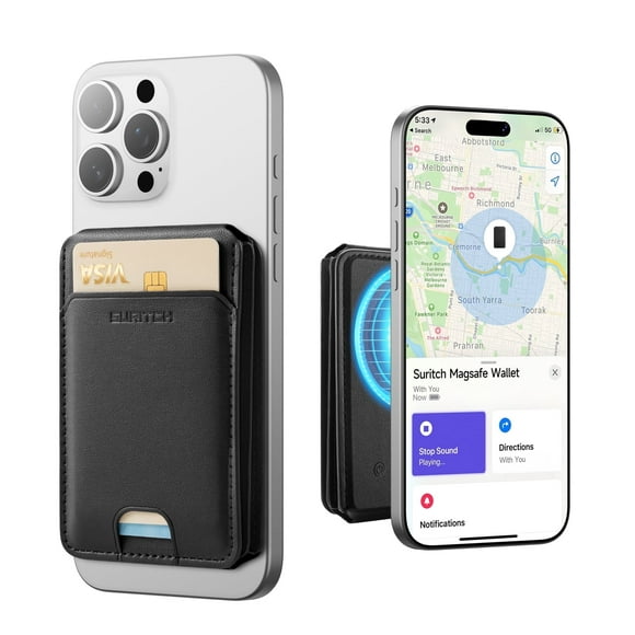 SURITCH for MagSafe Wallet with Find My, Magnetic Wallet with Adjustable Phone Stand for iPhone 16/15/14/13/12 Series, Leather, Black