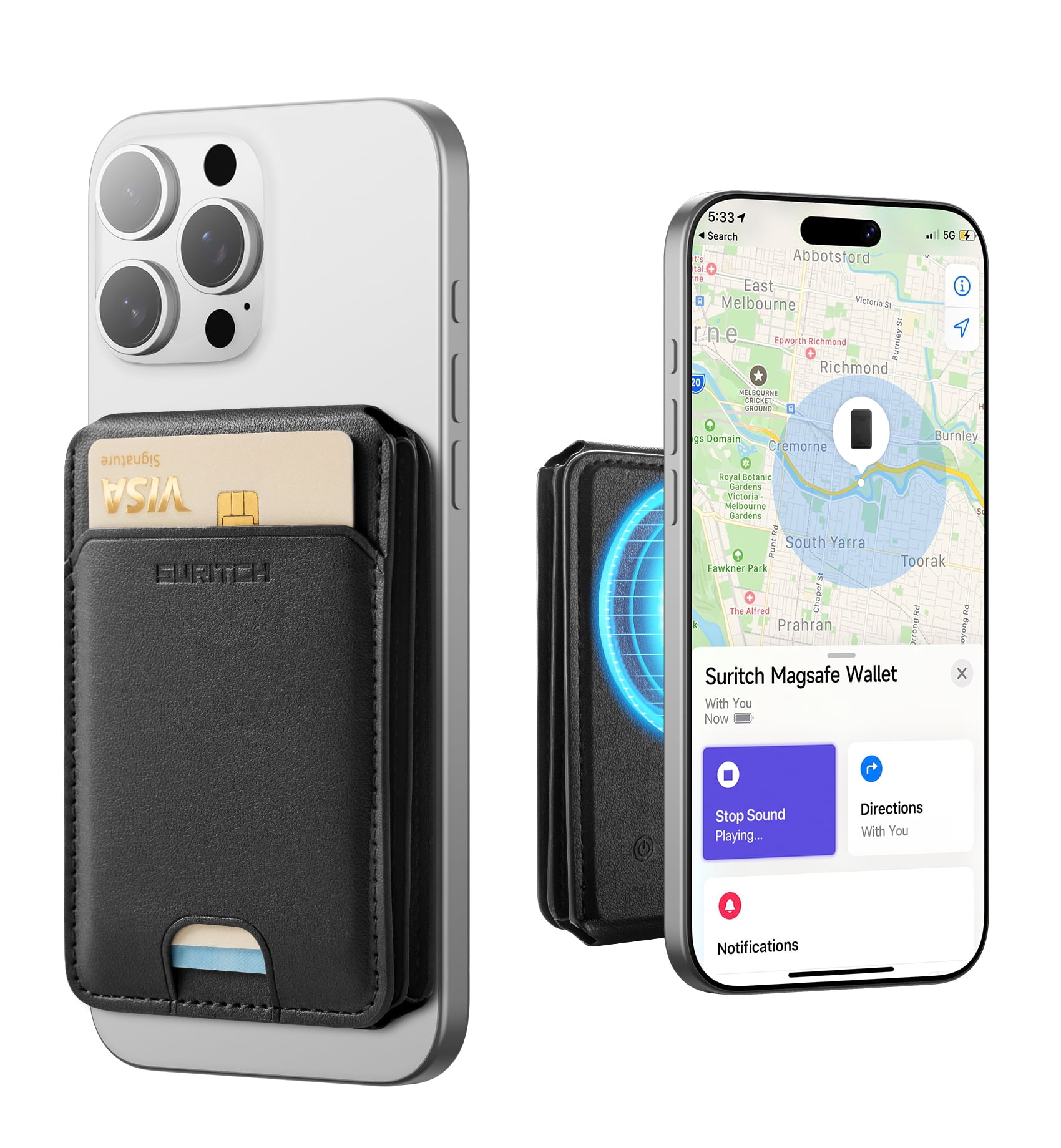 SURITCH for MagSafe Wallet with Find My, Magnetic Wallet with Adjustable Phone Stand for iPhone 16/15/14/13/12 Series, Leather, Black