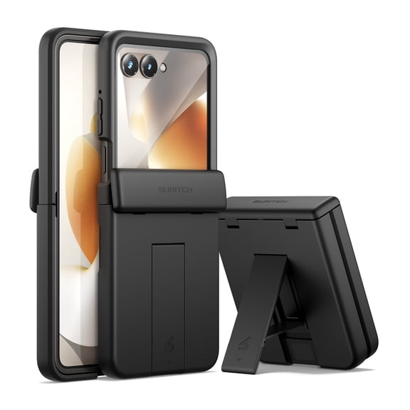 SURITCH for Motorola Razr 2026 / 2025 / 2024 Case with Hinge Protection, Built-in Kickstand and Screen Protector, Shockproof Protective Cover Slim Bumper Cases, Black