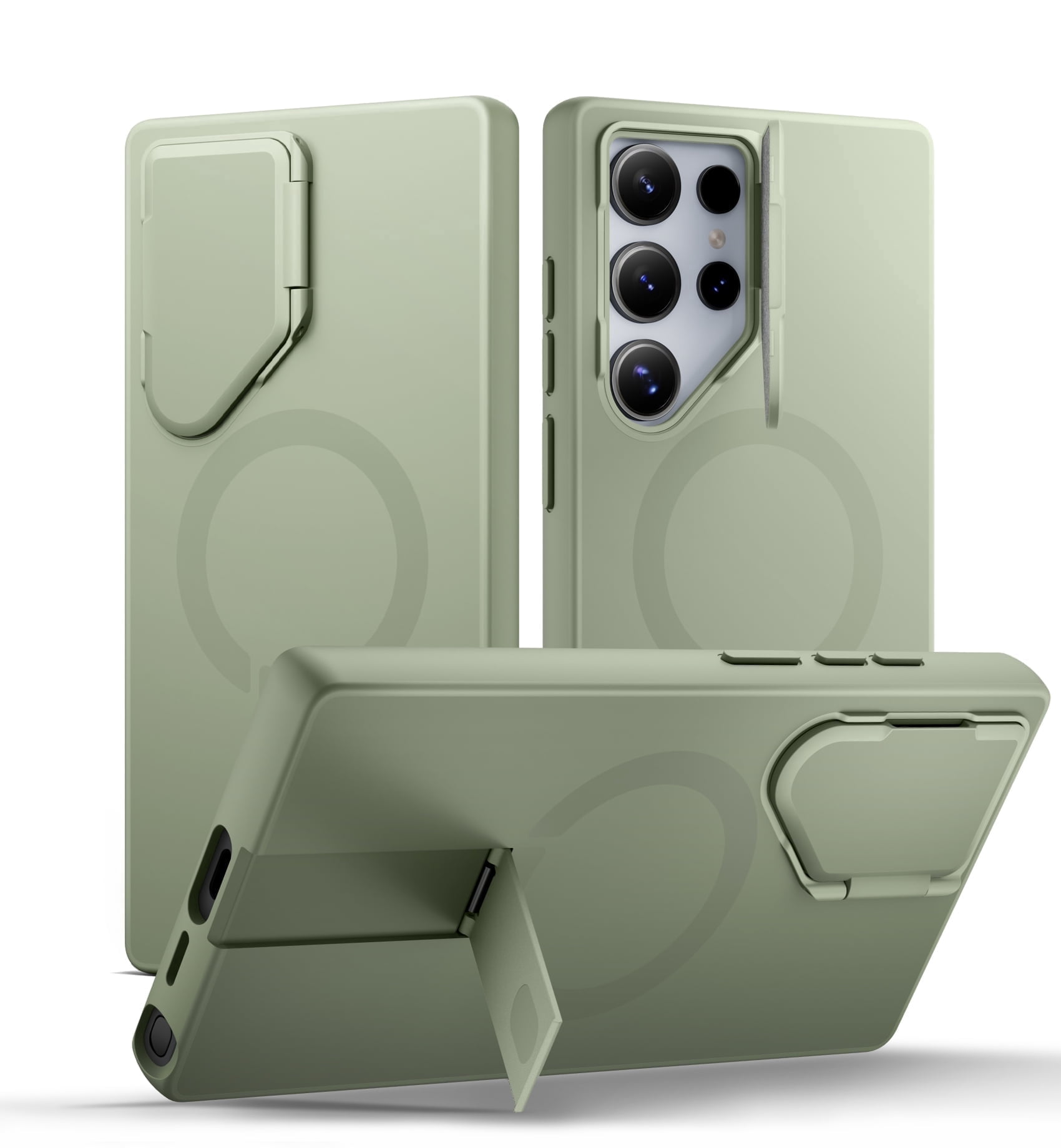 SURITCH for Samsung Galaxy S24 Ultra Case with Camera Cover and Adjustable Kickstand, Shockproof Slim Magnetic Case, Khaki Green
