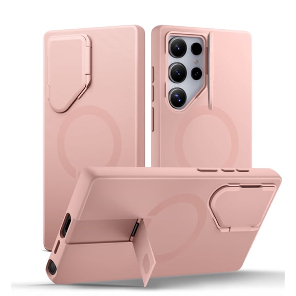 SURITCH Phone Case for Samsung Galaxy S24 Ultra with Camera Cover and Adjustable Kickstand, Shockproof Slim Magnetic Case, Pink