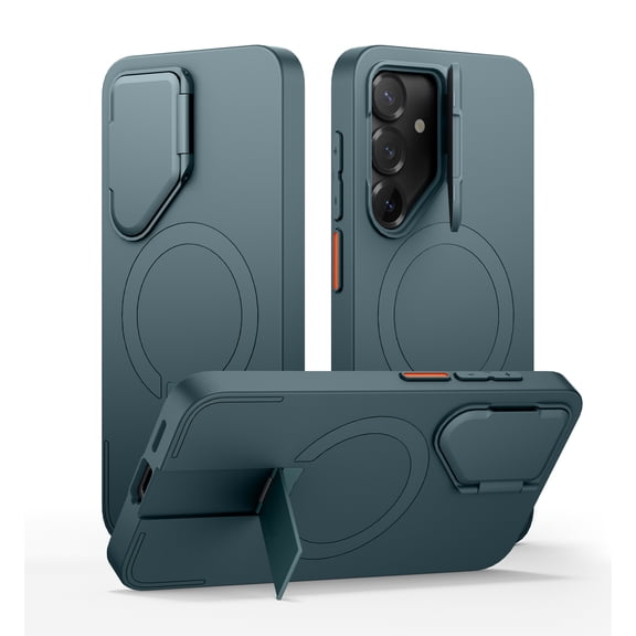 SURITCH Phone Case for Samsung Galaxy S25 FE, Magnetic Protective Cover with Camera Cover and Adjustable Metal Kickstand, Lake Green