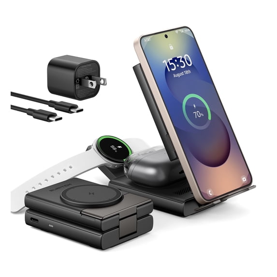 SURITCH for Samsung 3-in-1 Wireless Charging Station, Ultra-Portable Charging Dock Stand for Galaxy S26/S25/S24/S23/S22/S21/Note/Z Fold Flip, Galaxy Watch 8/7/6/5/4/3/Buds, Black