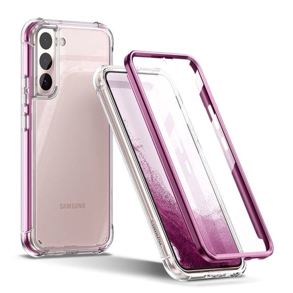 SURITCH for Samsung Galaxy S22 Plus Clear Case 6.6" (Only), Built-in Screen Protector, Full Body Protective Hard Shell + Soft TPU Phone Case, Dark Magenta Edge