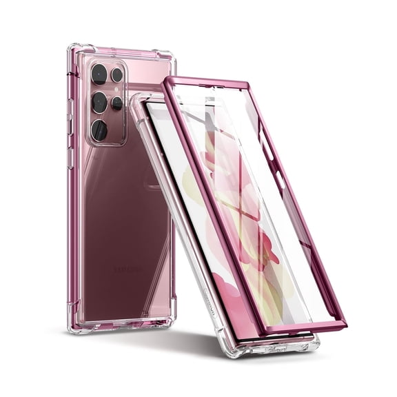 SURITCH for Samsung Galaxy S22 Ultra Clear Case 6.8" (Only), [Built-in Screen Protector] Full Body Protective Hard Shell+Soft TPU Phone Case for Samsung S22 Ultra -(Dark Magenta Edge)