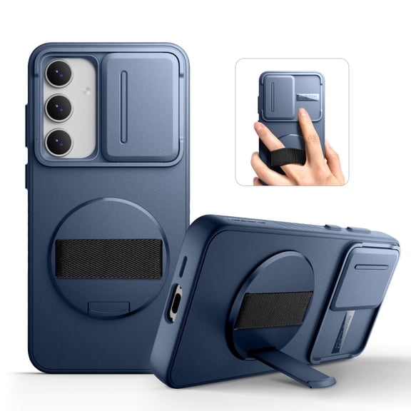 Suritch Phone Case for Samsung Galaxy S24 FE with 360° Rotatable Hand Strap Grip, Invisible Kickstand and Slide Camera Cover, Rugged Shockproof Protective Cover, Blue