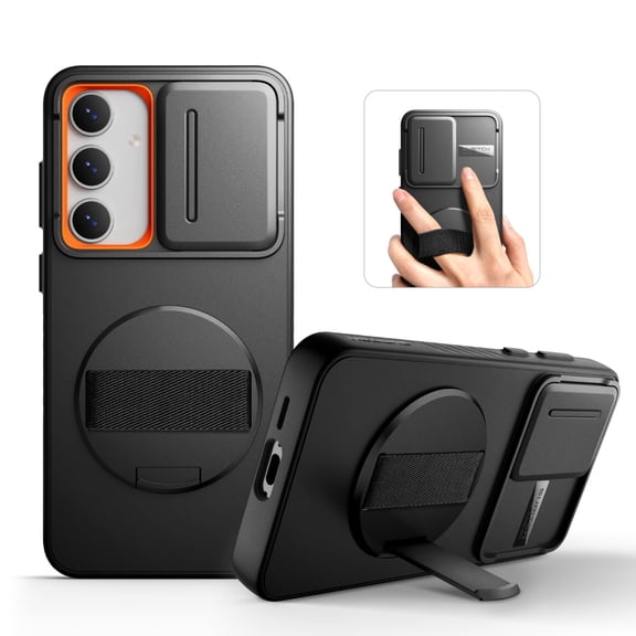 Suritch Phone Case for Samsung Galaxy S24 FE with 360° Rotatable Hand Strap Grip, Invisible Kickstand and Slide Camera Cover, Rugged Shockproof Protective Cover, Black