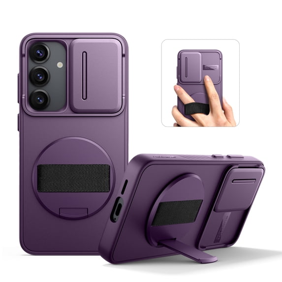 Suritch Phone Case for Samsung Galaxy S25 with 360° Rotatable Hand Strap Grip, Invisible Kickstand and Slide Camera Cover, Rugged Shockproof Protective Cover, Purple