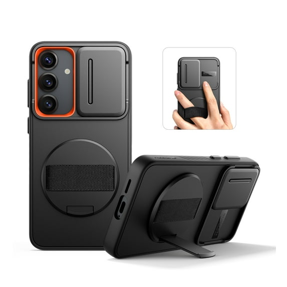Suritch Phone Case for Samsung Galaxy S25 FE with 360° Rotatable Hand Strap Grip, Invisible Kickstand and Slide Camera Cover, Rugged Shockproof Protective Cover, Black