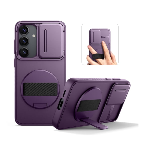 Suritch Phone Case for Samsung Galaxy S25 Plus with 360° Rotatable Hand Strap Grip, Invisible Kickstand and Slide Camera Cover, Rugged Shockproof Protective Cover, Purple