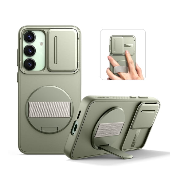 Suritch Phone Case for Samsung Galaxy S25 Plus with 360° Rotatable Hand Strap Grip, Invisible Kickstand and Slide Camera Cover, Rugged Shockproof Protective Cover, Green