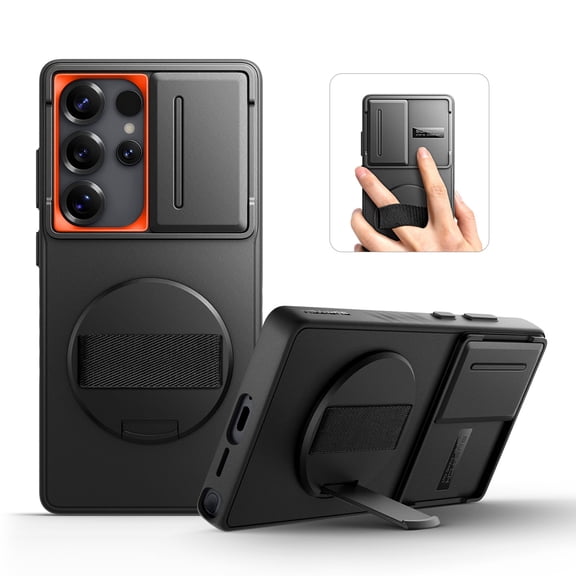 Suritch Phone Case for Samsung Galaxy S25 Ultra with 360° Rotatable Hand Strap Grip, Invisible Kickstand and Slide Camera Cover, Rugged Shockproof Protective Cover, Black