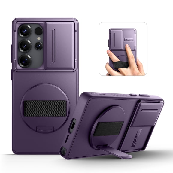Suritch Phone Case for Samsung Galaxy S25 Ultra with 360° Rotatable Hand Strap Grip, Invisible Kickstand and Slide Camera Cover, Rugged Shockproof Protective Cover, Purple