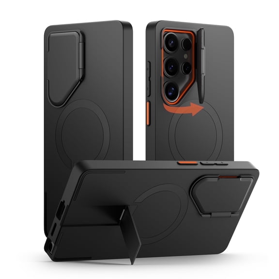 SURITCH Phone Case for Samsung Galaxy S25 Ultra, Magnetic Protective Cover with Camera Cover and Adjustable Metal Kickstand, Black