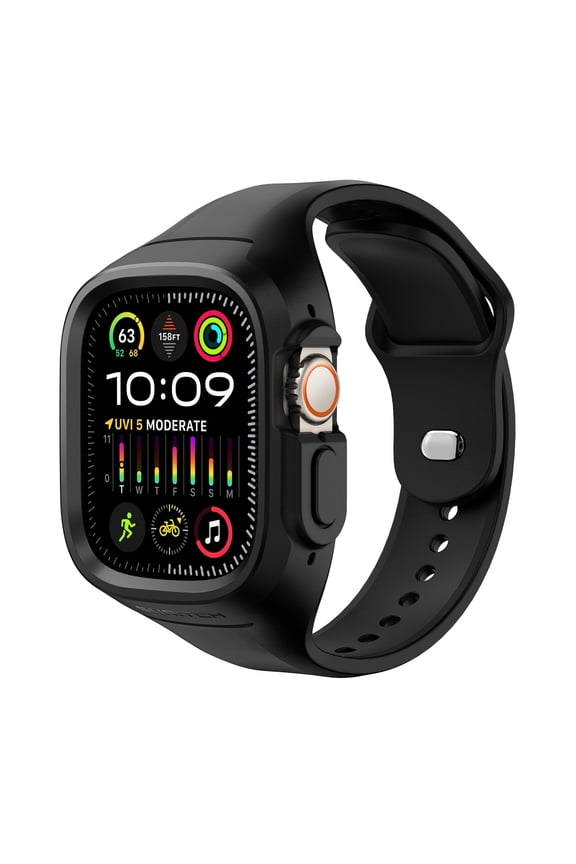 Sport Band with Case for Apple Watch Ultra 2&1 49mm / iWatch Series 9/8/7/6/5/4/SE2/SE 45mm 44mm 41mm 40mm, Soft Silicone Shockproof Protective, Black