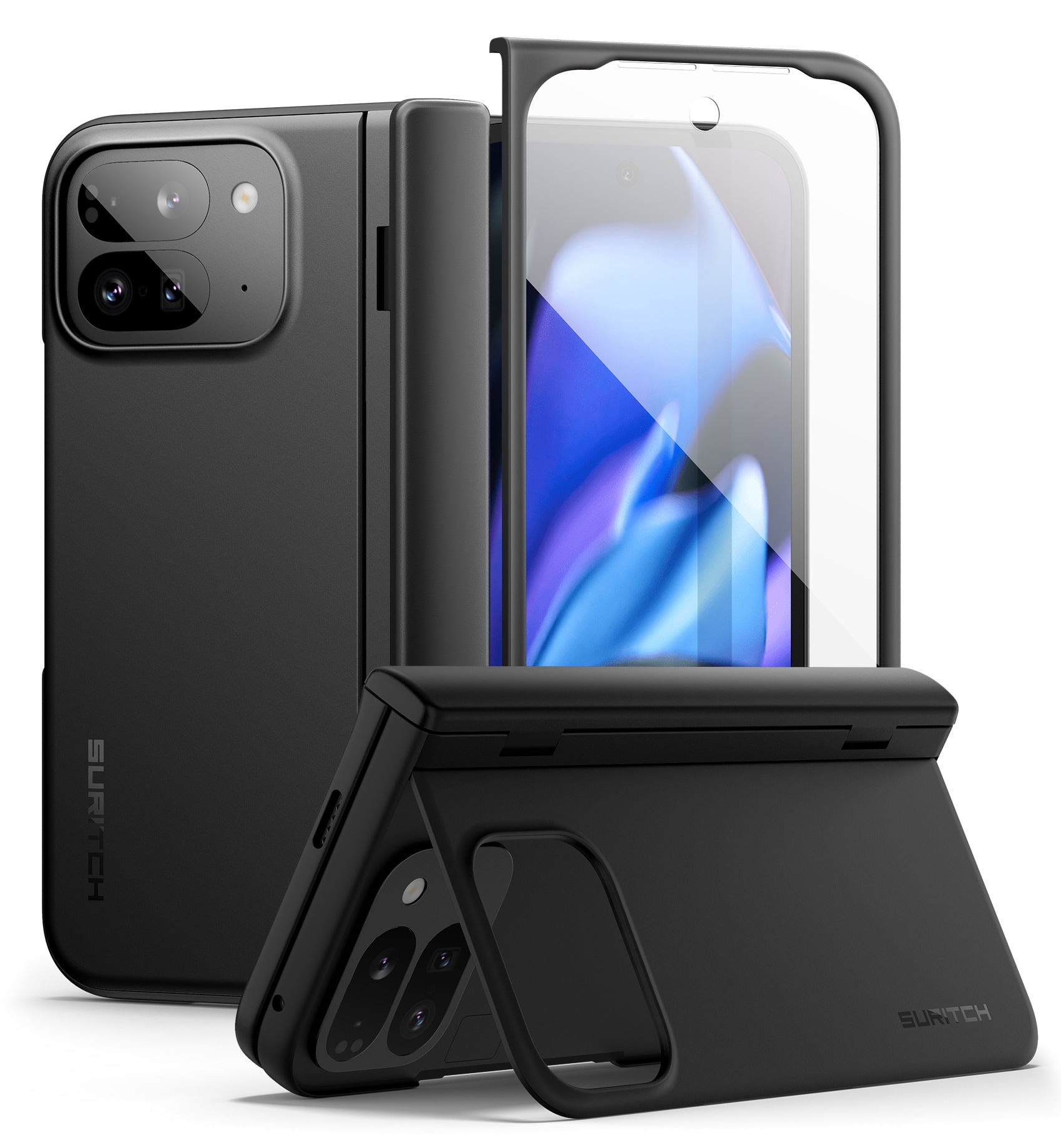 SURITCH for Google Pixel 9 Pro Fold Case, Built-in Kickstand, Screen Protector, Hinge Protection, Phone Case for Pixel 9 Pro Fold (2024), Black