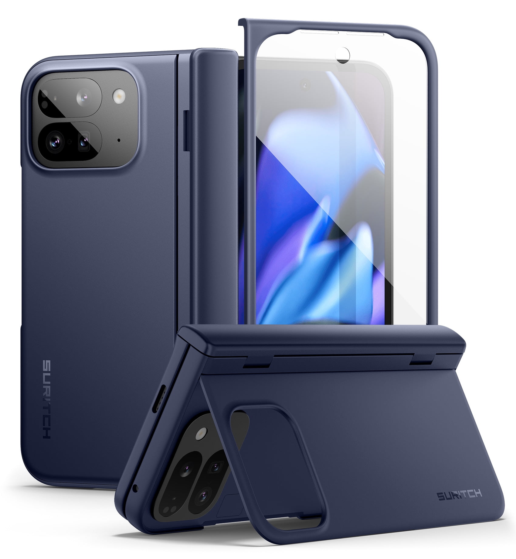 SURITCH for Google Pixel 9 Pro Fold Case, Built-in Kickstand, Screen Protector, Hinge Protection, Phone Case for Pixel 9 Pro Fold (2024), Dark Blue