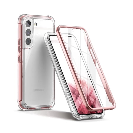 SURITCH for Samsung Galaxy S22 Clear Case 6.1" (Only), Built-in Screen Protector, Full Body Protective Hard Shell + Soft TPU Phone Case, Rose Gold Edge