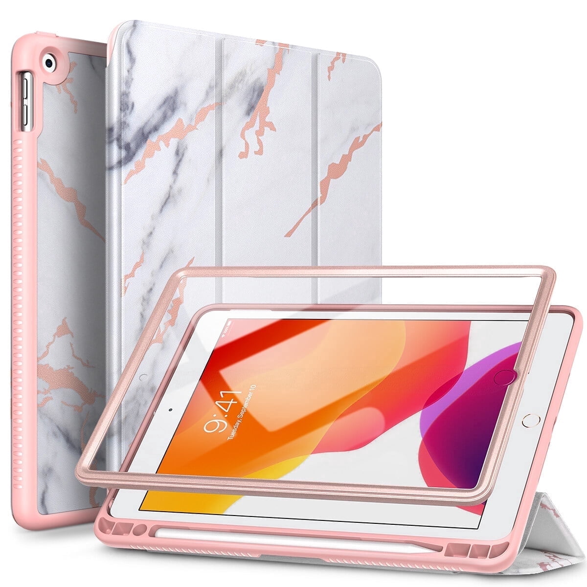 Suritch for iPad 9th/ 8th/ 7th Generation Case 10.2 Inch with Screen Protector and Pencil Holder, Magnetic Trifold Stand, Auto Sleep/Wake Cover, Marble White