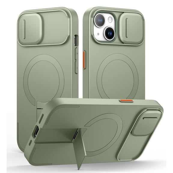 Suritch Phone Case for iPhone 13 / 14 with Magnetic Slide Camera Cover, Kickstand, Compatible with MagSafe, Shockproof Rugged Slim Protective Cover, Green