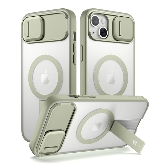 SURITCH for iPhone 13 / 14 Magnetic Case, Compatible with Magsafe, with Built-in Kickstand, Camera Cover and Translucent Back, Rugged Shockproof Cases Slim Protective Cover, Green