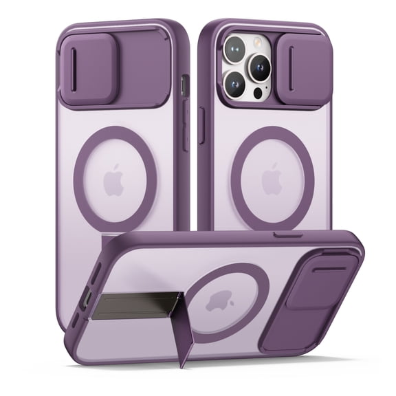 SURITCH for iPhone 13 Pro Max / 12 Pro Max Magnetic Case, Compatible with Magsafe, with Built-in Kickstand, Camera Cover and Translucent Back, Shockproof Slim Protective Cover, Translucent Purple