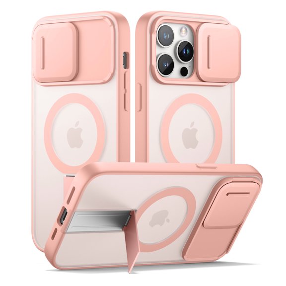 SURITCH for iPhone 13 Pro Max / 12 Pro Max Magnetic Case, Compatible with Magsafe, with Built-in Kickstand, Camera Cover and Translucent Back, Rugged Shockproof Cases Slim Protective Cover, Pink