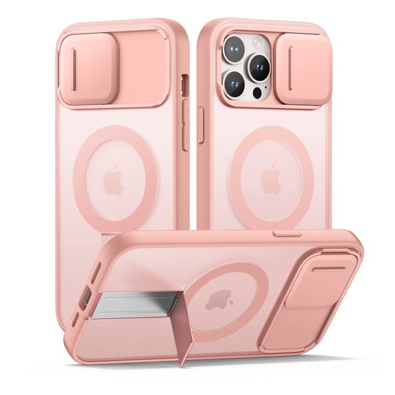 SURITCH for iPhone 13 Pro Max / 12 Pro Max Magnetic Case, Compatible with Magsafe, with Built-in Kickstand, Camera Cover and Translucent Back, Shockproof Slim Protective Cover, Translucent Pink