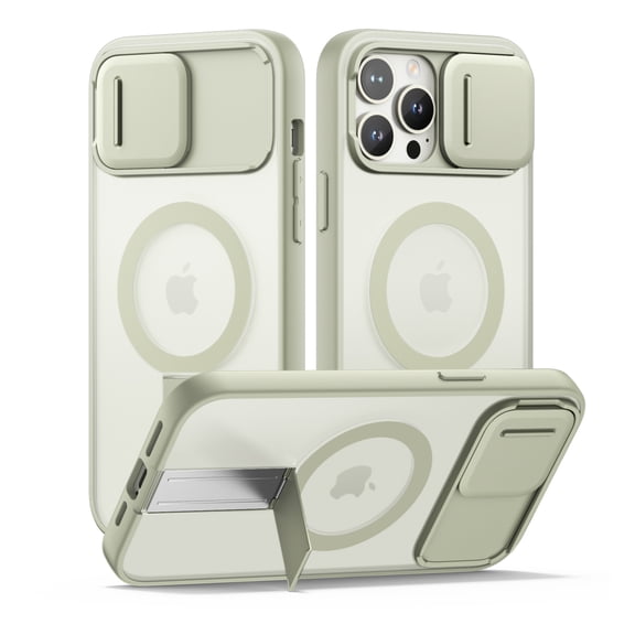 SURITCH for iPhone 13 Pro Max / 12 Pro Max Magnetic Case, Compatible with Magsafe, with Built-in Kickstand, Camera Cover and Translucent Back, Shockproof Slim Protective Cover, Translucent Green