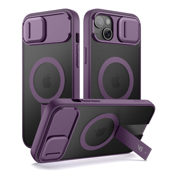 SURITCH for iPhone 14 Plus / 15 Plus Magnetic Case, Compatible with Magsafe, with Built-in Kickstand, Camera Cover and Translucent Back, Rugged Shockproof Slim Protective Cover, Translucent Purple