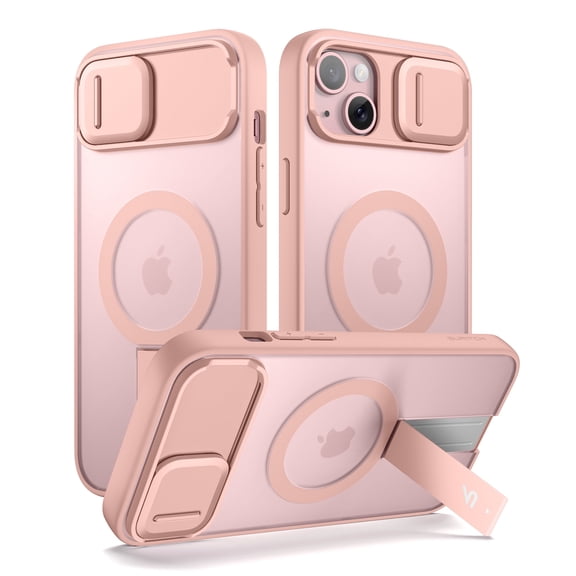 SURITCH for iPhone 14 Plus / 15 Plus Magnetic Case, Compatible with Magsafe, with Built-in Kickstand, Camera Cover and Translucent Back, Rugged Shockproof Slim Protective Cover, Translucent Pink