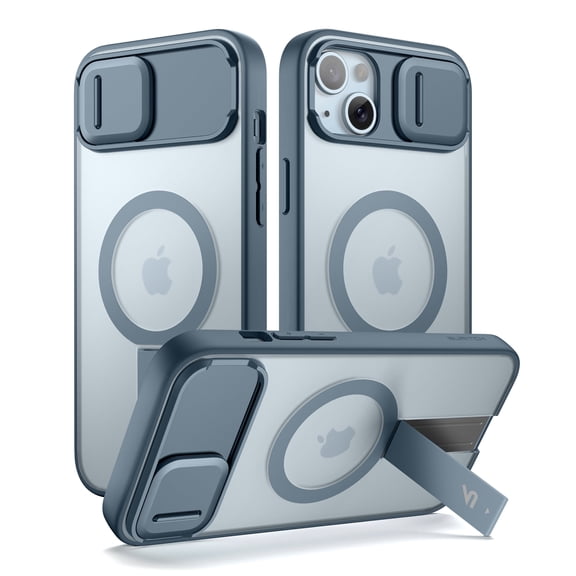 SURITCH for iPhone 14 Plus / 15 Plus Magnetic Case, Compatible with Magsafe, with Built-in Kickstand, Camera Cover and Translucent Back, Rugged Shockproof Slim Protective Cover, Translucent Blue