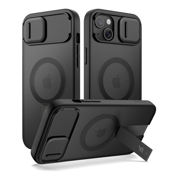 SURITCH for iPhone 14 Plus / 15 Plus Magnetic Case, Compatible with Magsafe, with Built-in Kickstand, Camera Cover and Translucent Back, Rugged Shockproof Cases Slim Protective Cover, Black
