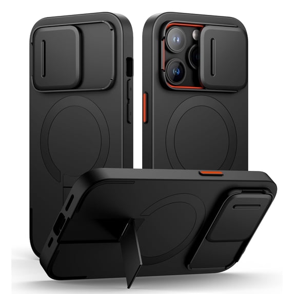 SURITCH for iPhone 14 Pro Case with Magnetic Camera Slide Cover and Adjustable Kickstand, Compatible with MagSafe, Shockproof Bumper Case Slim Protective Cover, Black