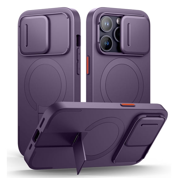 SURITCH for iPhone 14 Pro Case with Magnetic Camera Slide Cover and Adjustable Kickstand, Compatible with MagSafe, Shockproof Bumper Case Slim Protective Cover, Purple