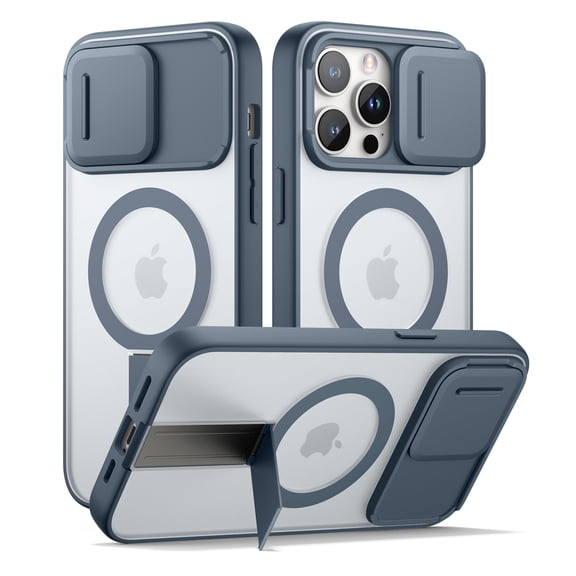 SURITCH for iPhone 14 Pro Magnetic Case, Compatible with Magsafe, with Built-in Kickstand, Camera Cover and Translucent Back, Rugged Shockproof Cases Slim Protective Cover, Translucent Blue