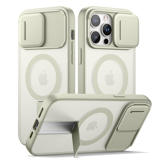 SURITCH for iPhone 14 Pro Magnetic Case, Compatible with Magsafe, with Built-in Kickstand, Camera Cover and Translucent Back, Rugged Shockproof Cases Slim Protective Cover, Translucent Green