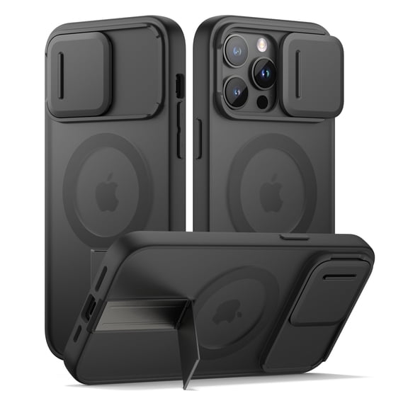 SURITCH for iPhone 14 Pro Magnetic Case, Compatible with Magsafe, with Built-in Kickstand, Camera Cover and Translucent Back, Rugged Shockproof Cases Slim Protective Cover, Translucent Black