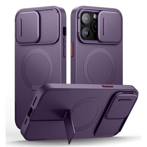 SURITCH for iPhone 14 Pro Max Case with Magnetic Camera Slide Cover and Adjustable Kickstand, Compatible with MagSafe, Shockproof Bumper Case Slim Protective Cover, Purple