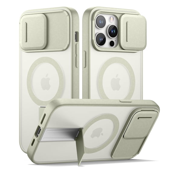 SURITCH for iPhone 14 Pro Max Magnetic Case, Compatible with Magsafe, with Built-in Kickstand, Camera Cover and Translucent Back, Rugged Shockproof Cases Slim Protective Cover, Translucent Green