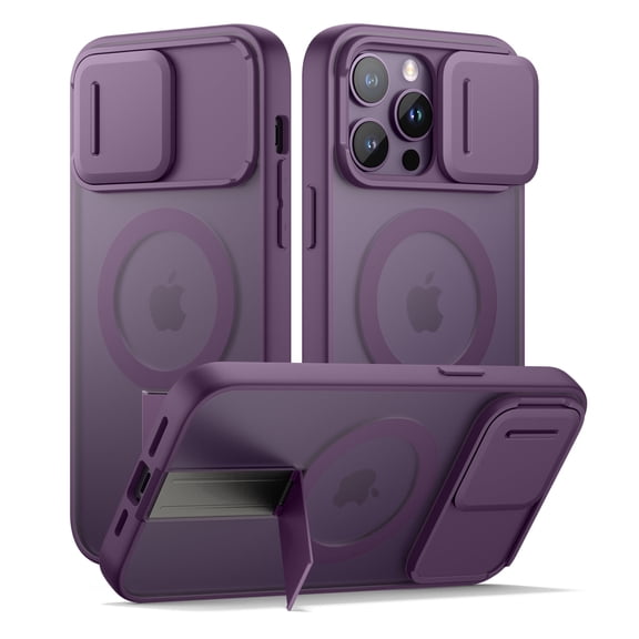 SURITCH for iPhone 14 Pro Max Magnetic Case, Compatible with Magsafe, with Built-in Kickstand, Camera Cover and Translucent Back, Rugged Shockproof Cases Slim Protective Cover, Translucent Purple