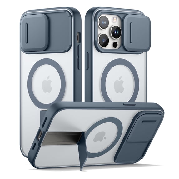 SURITCH for iPhone 14 Pro Max Magnetic Case, Compatible with Magsafe, with Built-in Kickstand, Camera Cover and Translucent Back, Rugged Shockproof Cases Slim Protective Cover, Translucent Blue