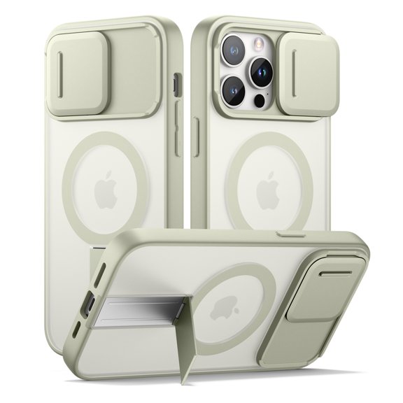 SURITCH for iPhone 14 Pro Max Magnetic Case, Compatible with Magsafe, with Built-in Kickstand, Camera Cover and Translucent Back, Rugged Shockproof Cases Slim Protective Cover, Green