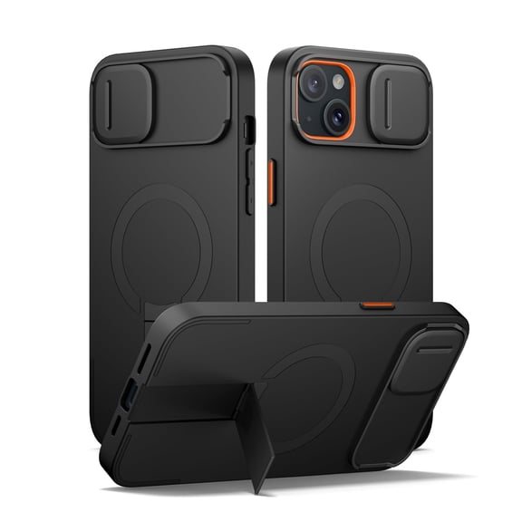 SURITCH for iPhone 15 Plus/14 Plus Case with Magnetic Camera Slide Cover and Adjustable Kickstand, Compatible with MagSafe, Shockproof Bumper Case Slim Protective Cover, Black